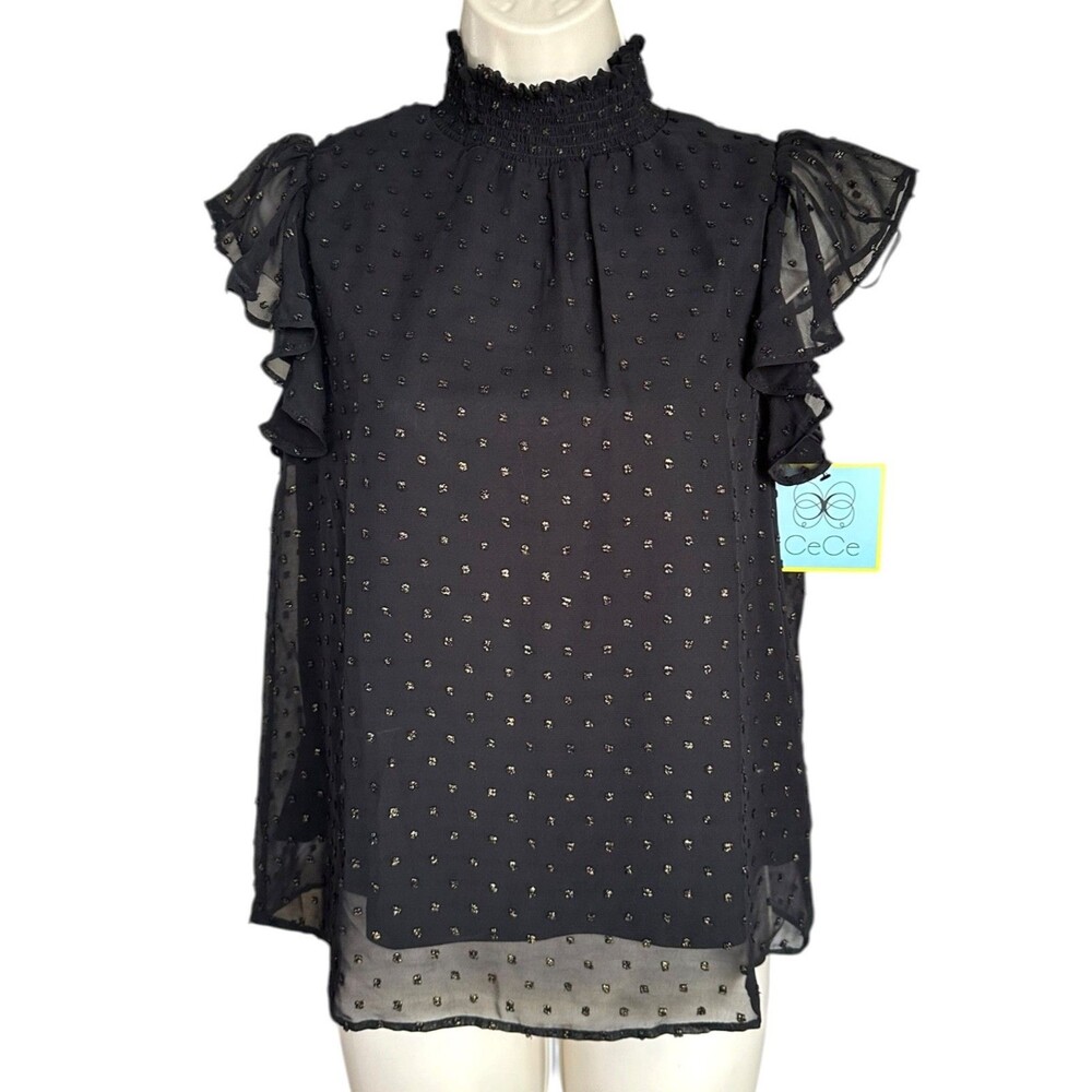 CECE Women's Chiffon Glitter Blouse Top Flutter Sleeve Lined Size S Black & Gold
